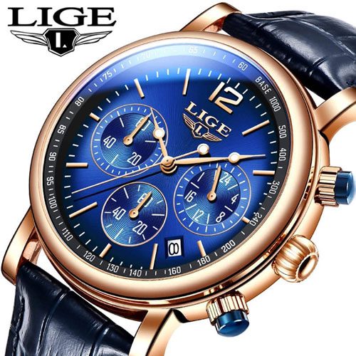 LIGE 8927 Luxury Business Quartz Men's Camouflage Watch- Blue