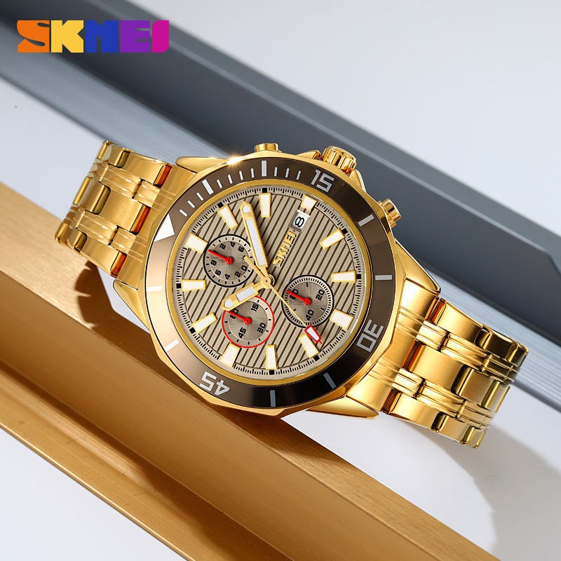 SKMEI 9335 Active Chronograph Quartz Stainless Steel High Quality Luxury Men’s watch- Gold