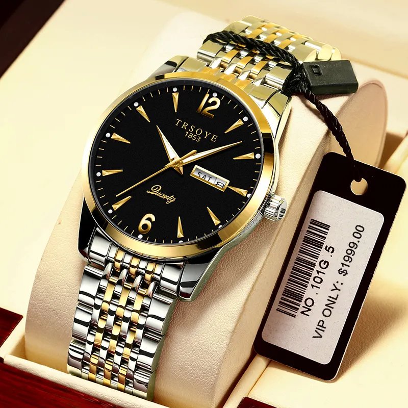 Trsoye 068 Custom Strap Design Fashion Hands Men Wristwatch- Silver Gold & Black
