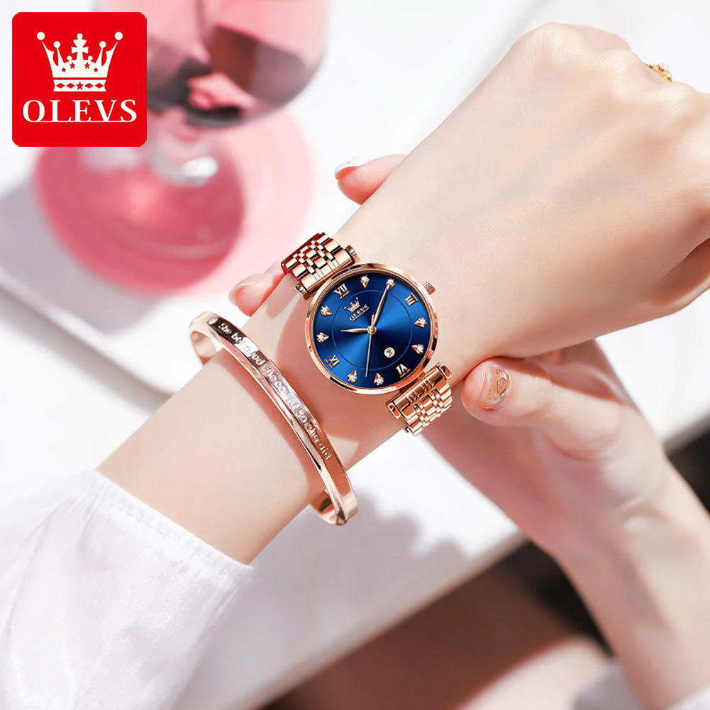 OLEVS 5866 Luxury Fashion Quartz watch for women- Rose Gold & Blue