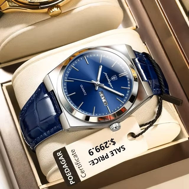 Poedagar 930 Elegant Ultra-Thin Gemstone Leather Luminous Quartz Watch- Blue