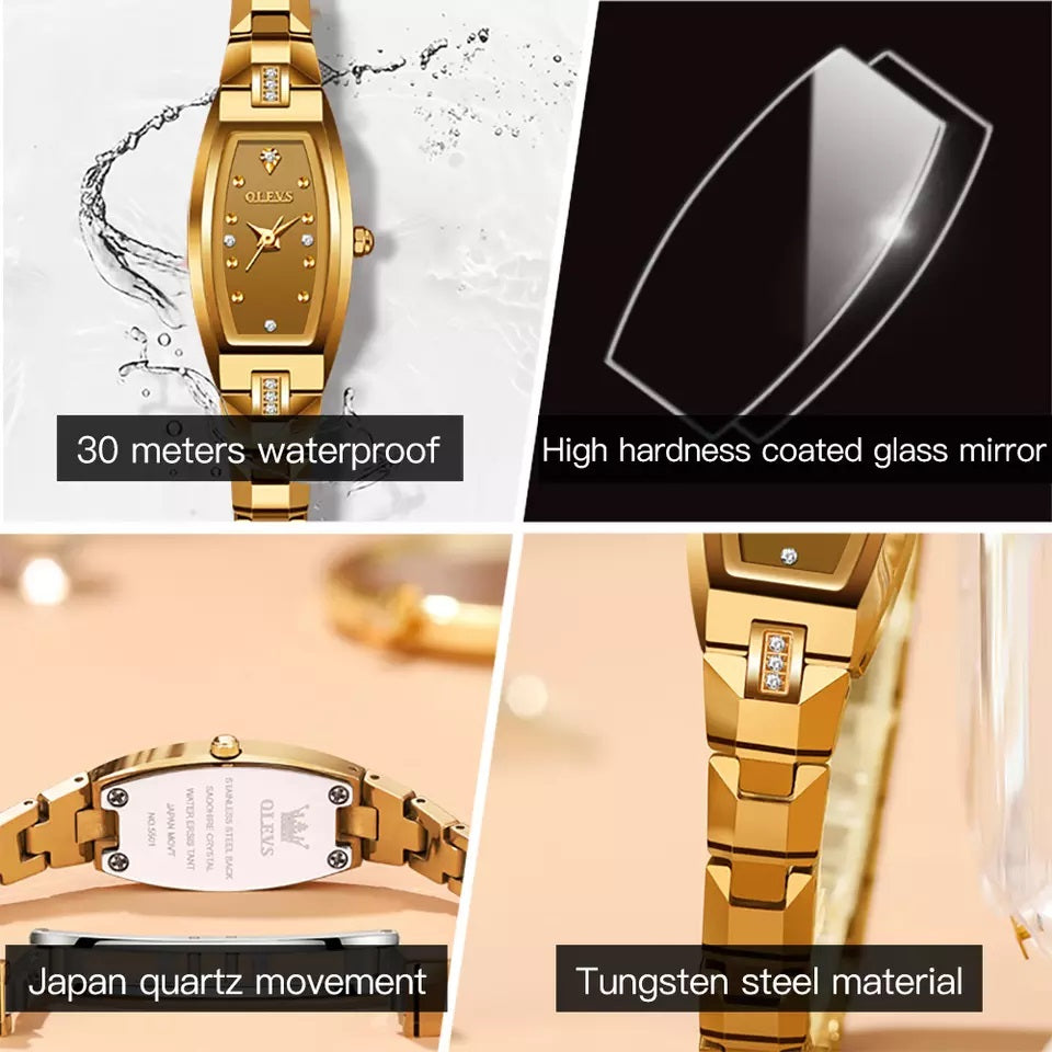 OLEVS 5501 Tungsten Steel Elegant Design with Diamond Relogio Feminino Quartz Women's Watch- Gold
