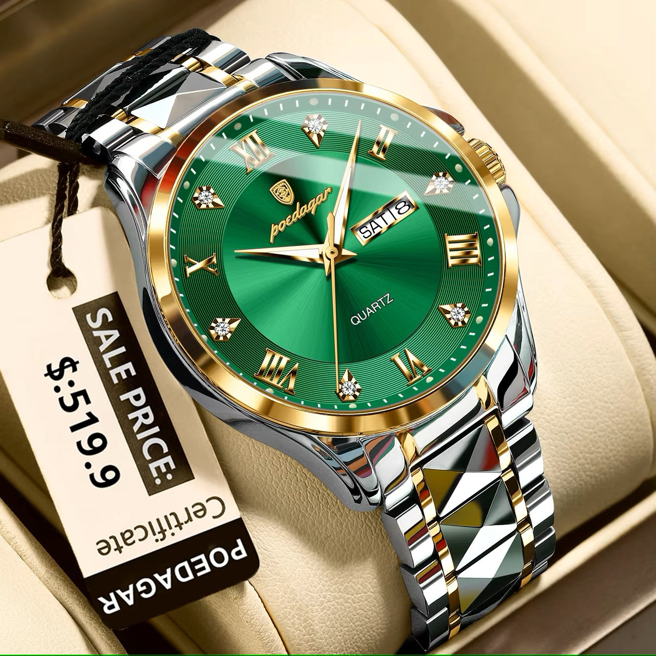 POEDAGAR 883 Stainless Steel Belt Fashion Luminous Quartz Men's Watches- Silver Gold & Green