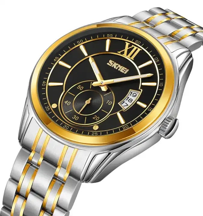 Skmei 9319 Quartz Luminous Luxury Stainless Steel Classic Calendar Men’s Wrist-watches- Silver Gold & Black