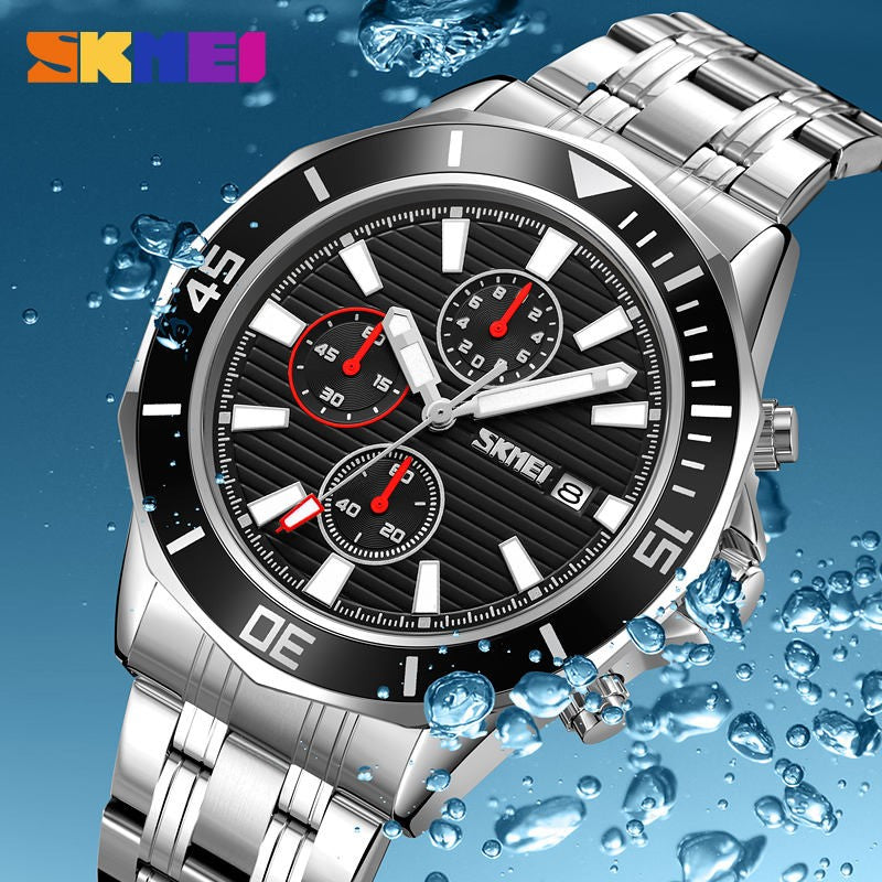 SKMEI 9335 Active Chronograph Quartz Stainless Steel High Quality Luxury Men’s watch- Silver Black