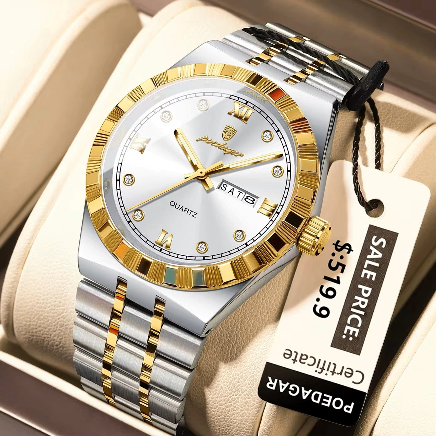 POEDAGAR 872 Luminous Stainless Steel Quartz Day date view Men’s Wristwatch- Silver Gold