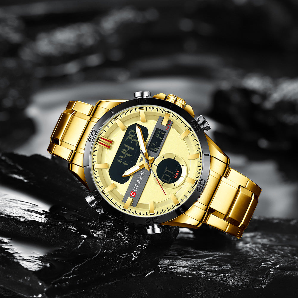 CURREN 8384 Quartz Analog Digital Stainless Steel Watch for Men- Gold