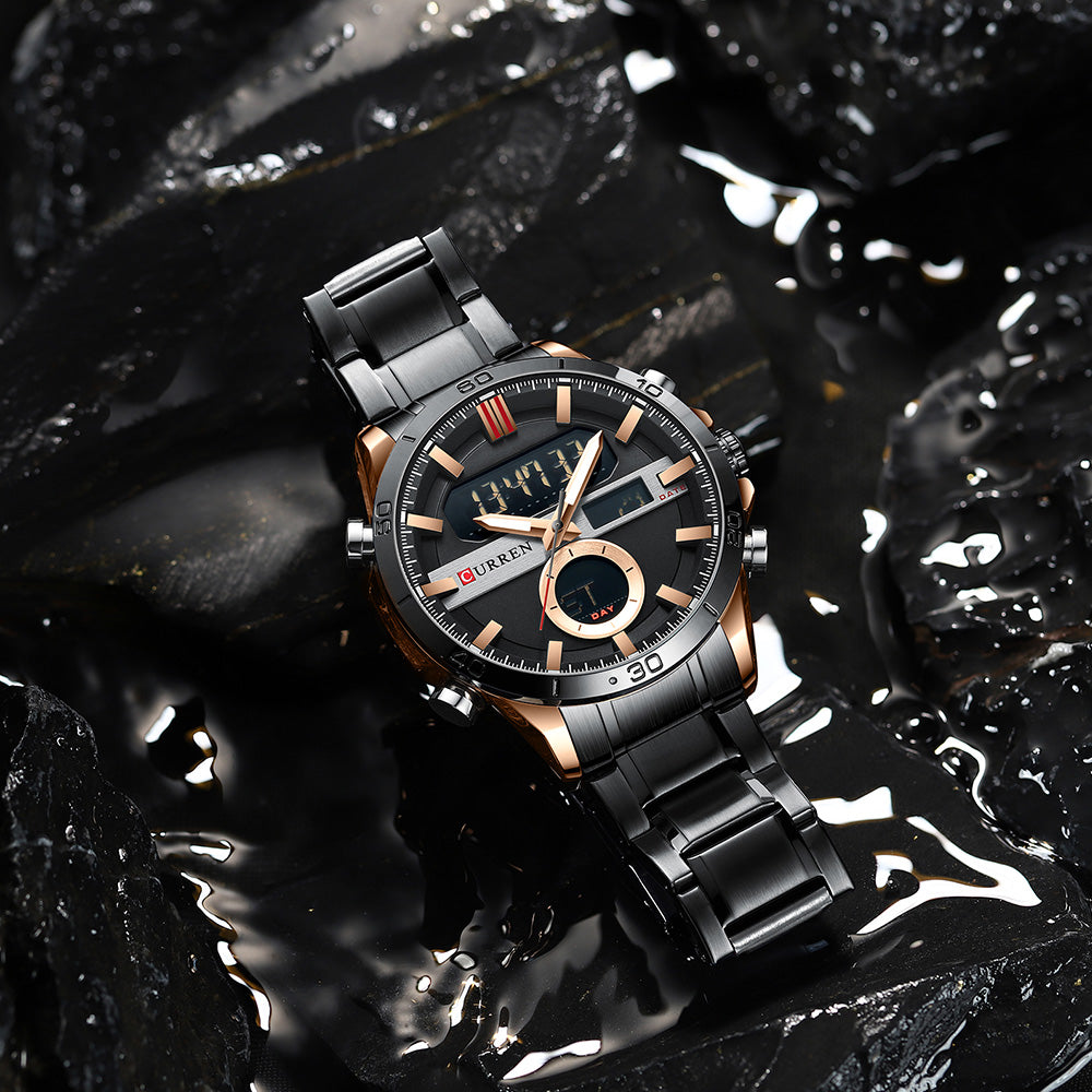 CURREN 8384 Quartz Analog Digital Stainless Steel Watch for Men - Black
