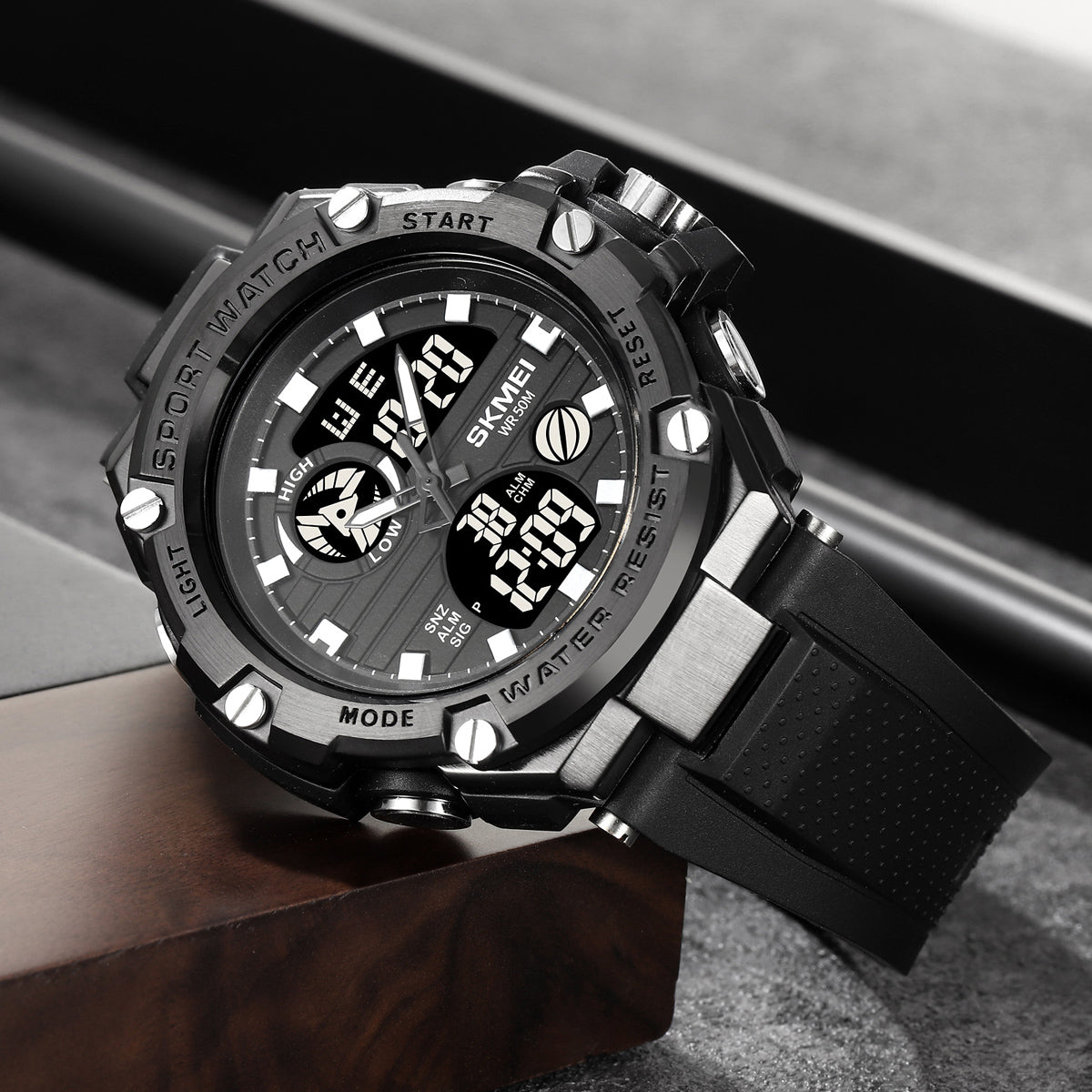 SKMEI 2119 Dual Time Alarm 5Bar Waterproof multi-functional Sports watch- Black