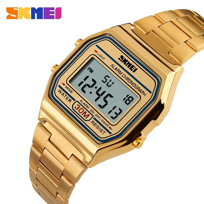 SKMEI 1123 Classic design Unisex Square Digital Display Multi-Function Stainless Steel watch- Gold