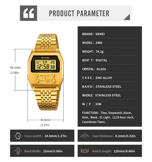 SKMEI 2460 Digital LED Display 3BAR Water Resistance Men's Classic Design watch- Gold