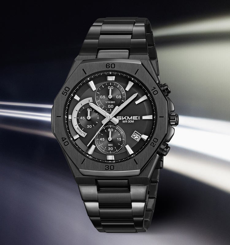SKMEI 2452 Luxury Active Chronograph Luminous Stainless Steel Men’s Quartz Watch- Black