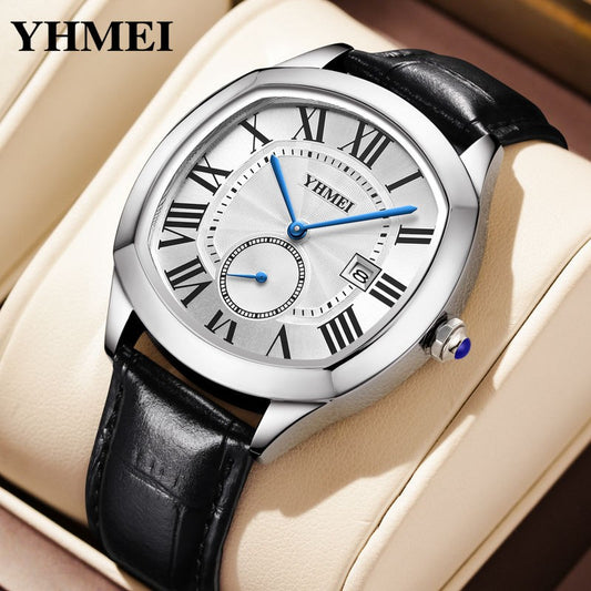 YHMEI 8240 Trendy style Leather Straps quartz Movement Wrist Men watch- Black White