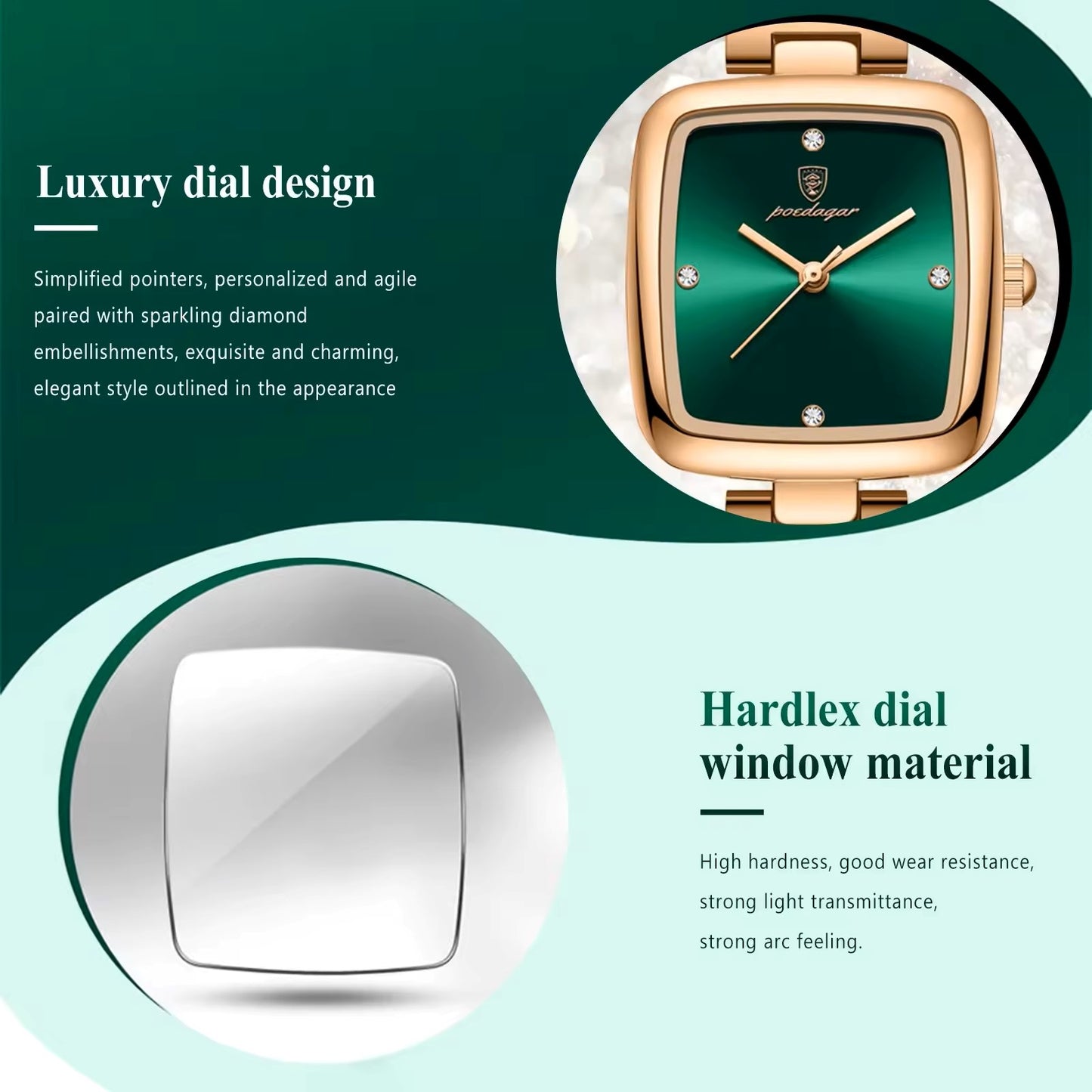 POEDAGAR 768 Luxury Square Elegant Fashion Ladies Watch- Rose Gold & Green
