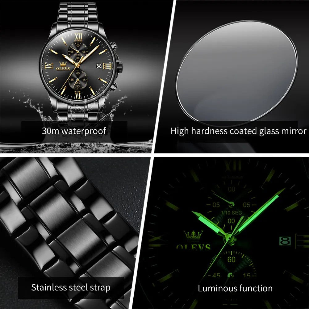 Olevs 2886 Mesh Stainless Steel Quartz Men’s Watch – Black & Gold