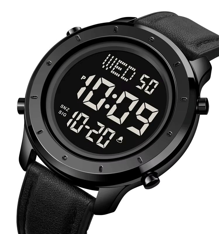 SKMEI 1864 Metal Steel Leather Digital Sport Wrist Watches for Men- Black