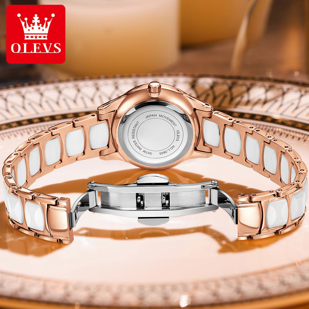 OLEVS 3605 Luxury Ceramic Quartz women wristwatch- Red