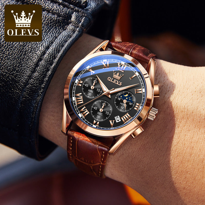 Olevs 2871 Leather Strap Fashion Business Quartz Wristwatch for Men- Brown & Black