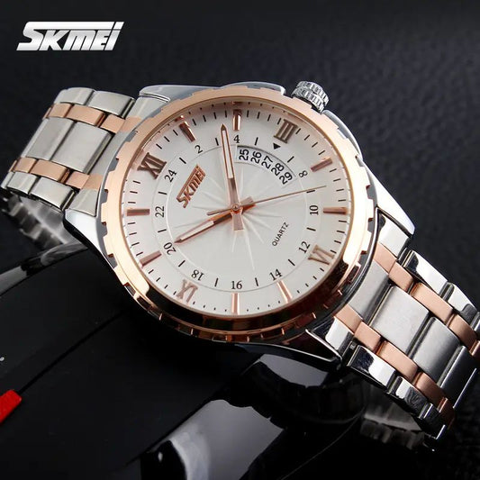 Skmei 9069 luminous needles stainless luxury Men’s watch- Silver & Rose Gold