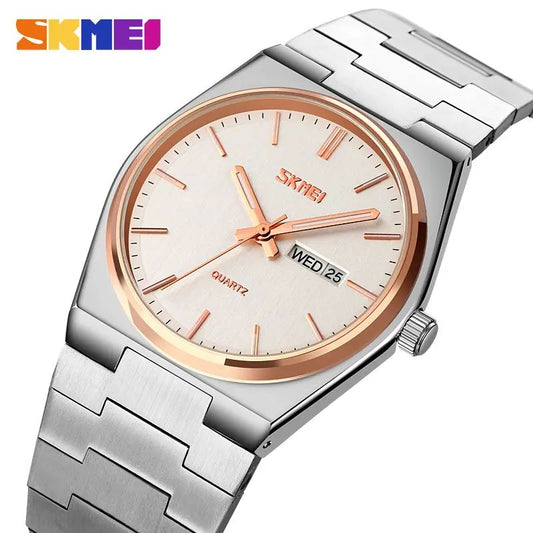Skmei 9288 stainless steel luxury men round wristwatch for Men's- Silver & Rose Gold