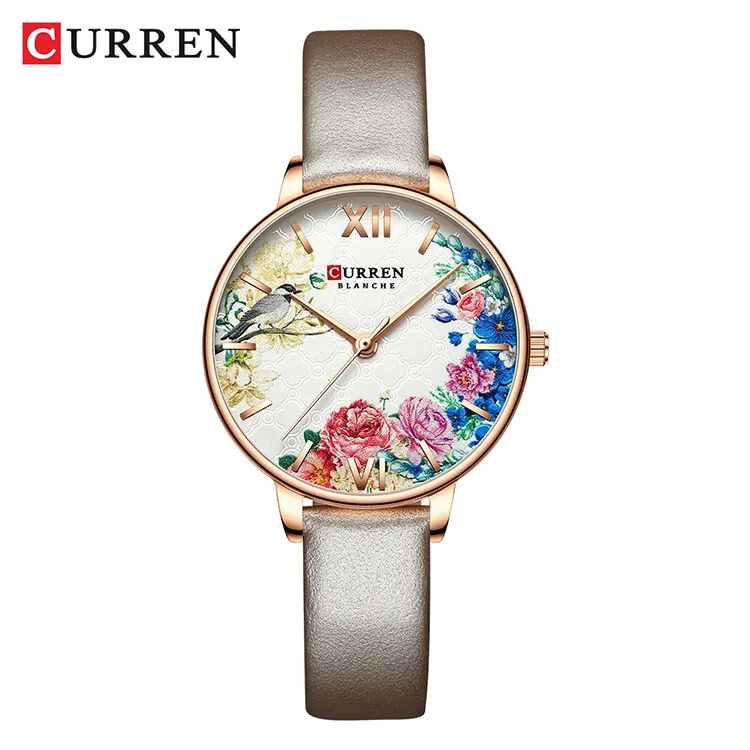 CURREN 9059 Fashion Floral Pattern Quartz Belt Watch for Women - Ash