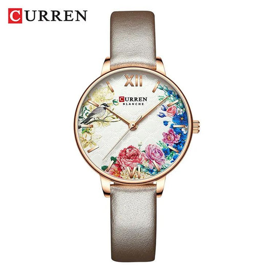 CURREN 9059 Fashion Floral Pattern Quartz Belt Watch for Women - Ash