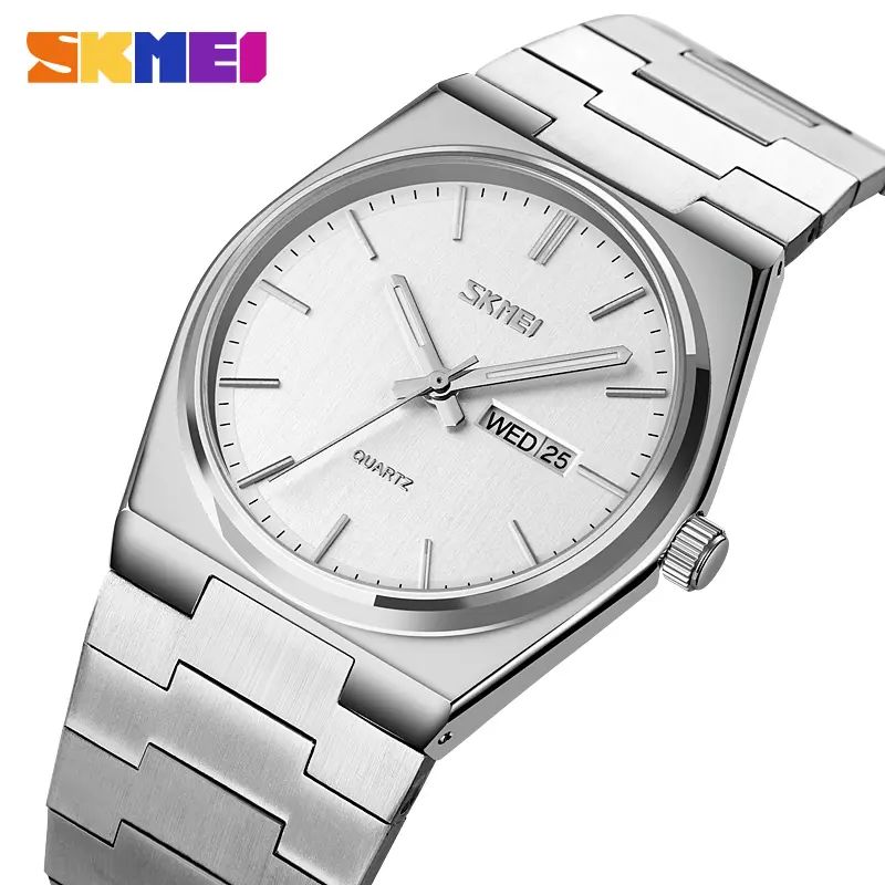 Skmei 9288 stainless steel luxury men round wristwatch for Men's- Silver