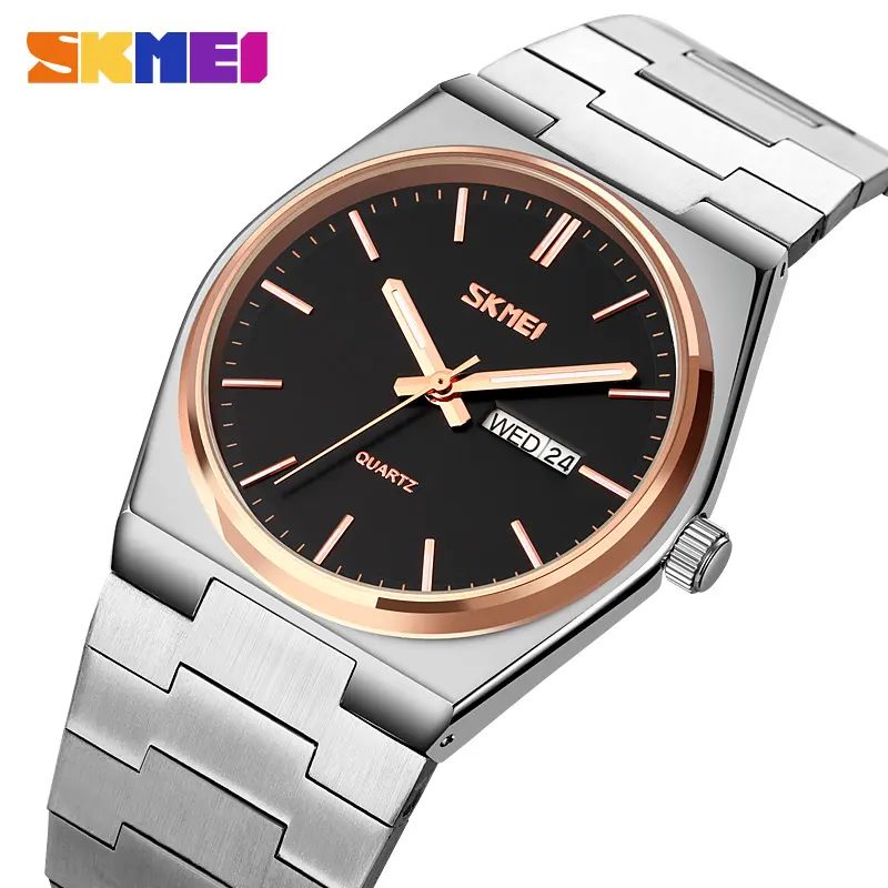Skmei 9288 stainless steel luxury men round wristwatch for Men's- Silver Black & Rose Gold