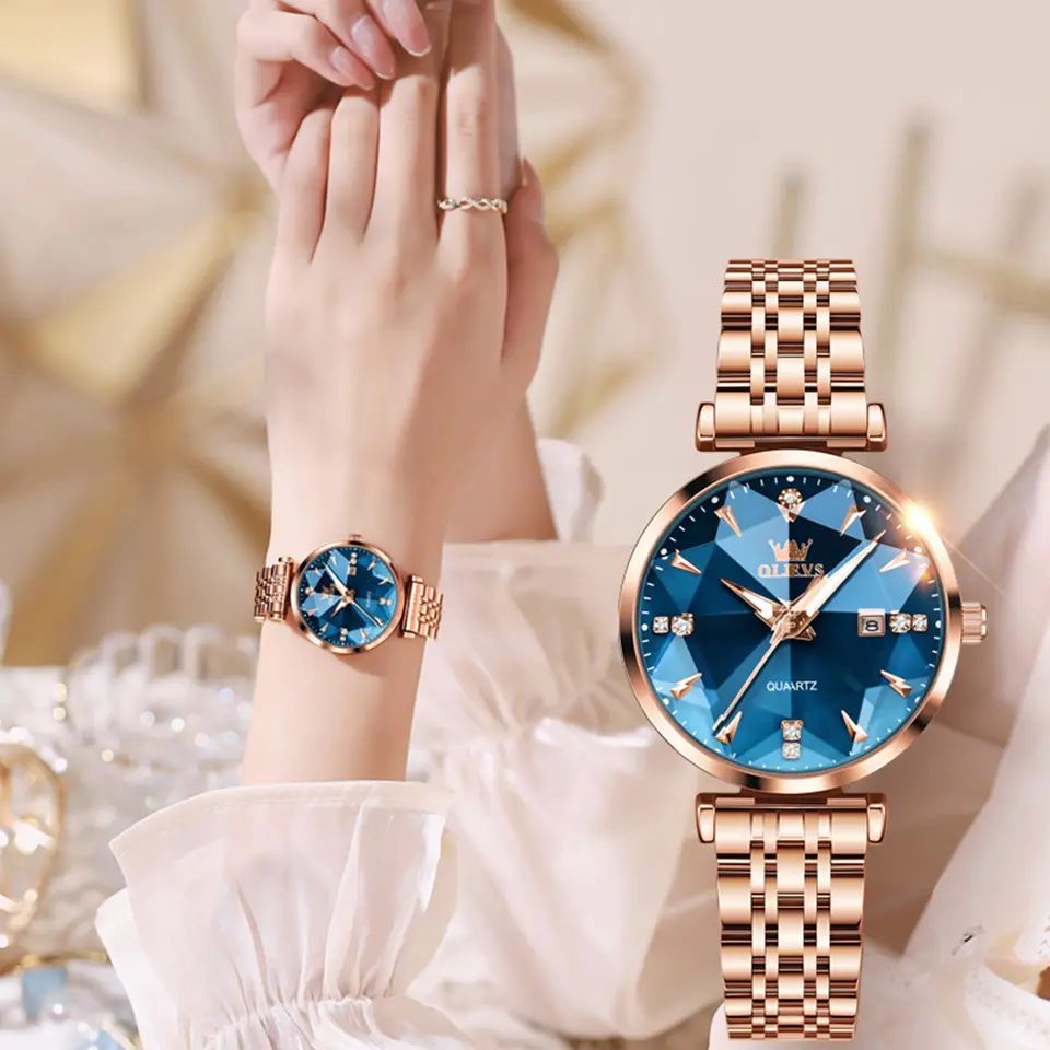 OLEVS 5536 Diamond Cart Luxury Exquisite Water-resistant Ladies Watch- Rose Gold & Blue