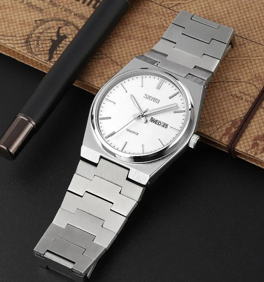 Skmei 9288 stainless steel luxury men round wristwatch for Men's- Silver