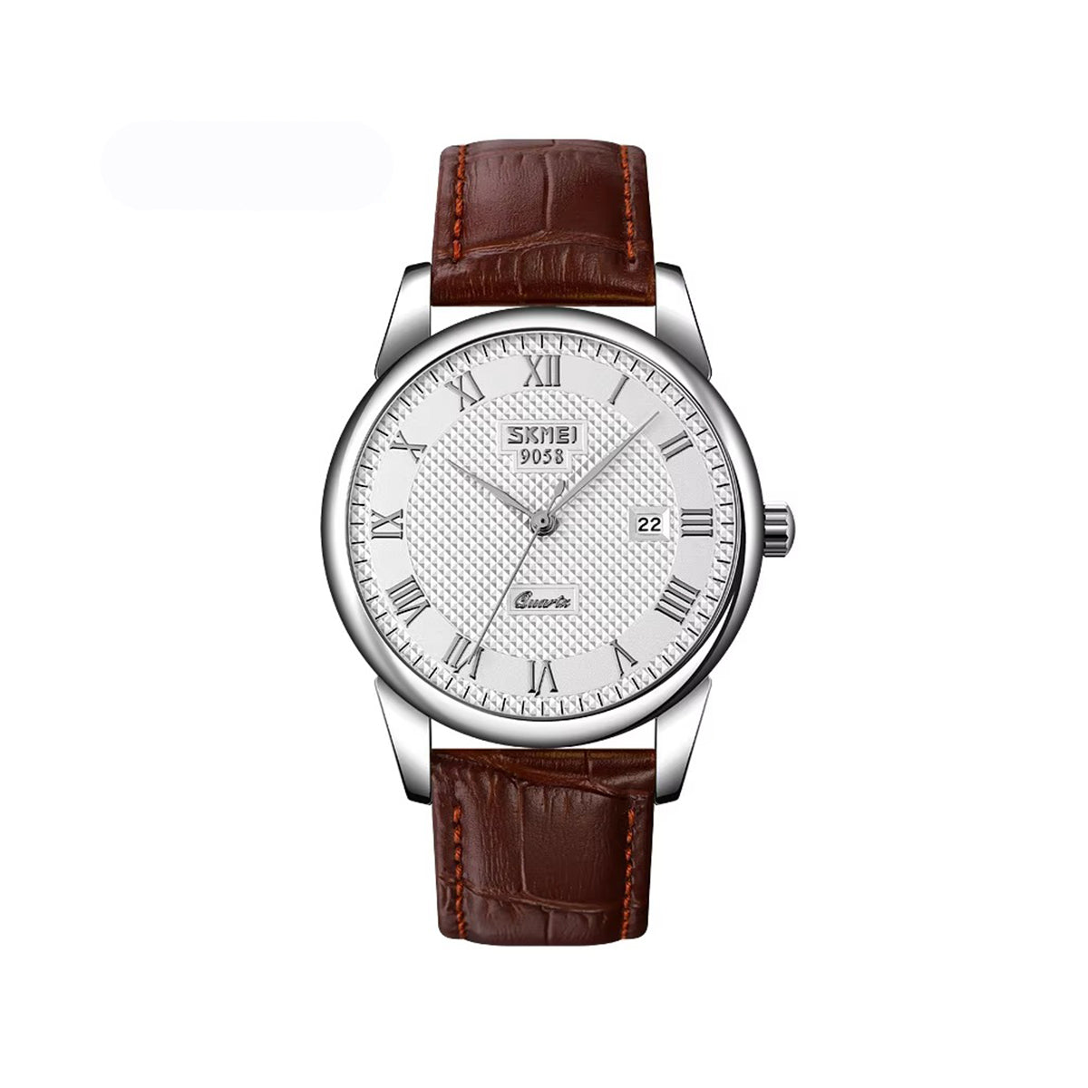 SKMEI 9058 Luxury quartz classic Lover’s leather belt for wristwatch for Men’s- Brown & Silver