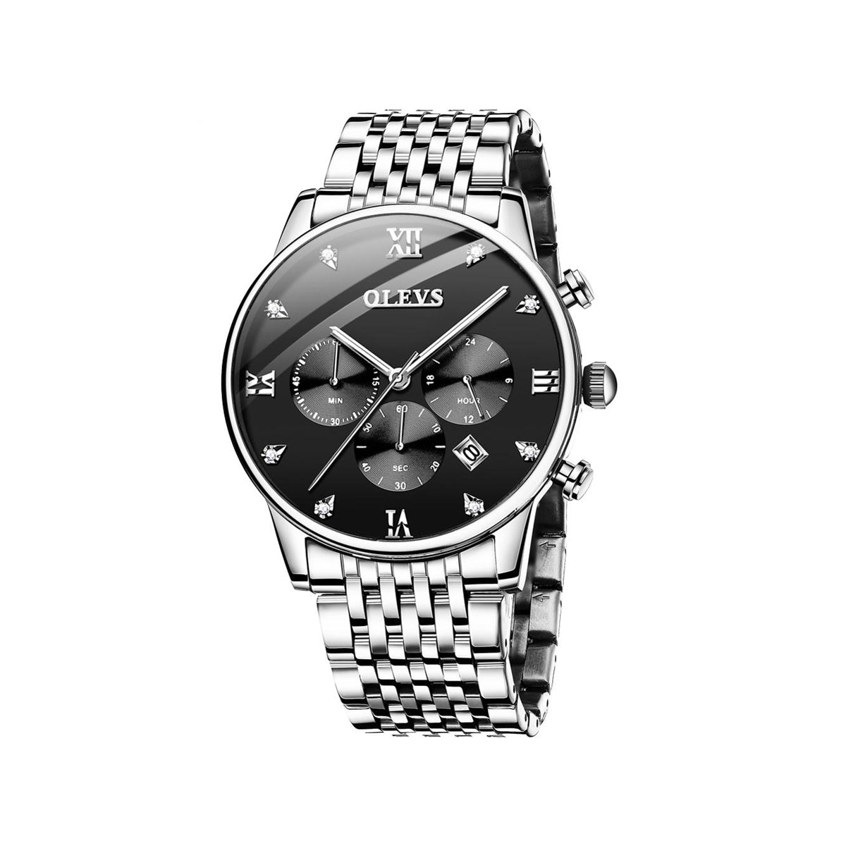 Olevs 2868 Stainless Steel Quartz Watch for Men - Silver & Black