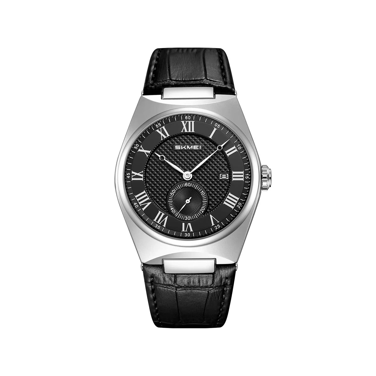 SKMEI 9390 Luxury Stainless Steel Leather straps Quartz Men’s Watch- Black