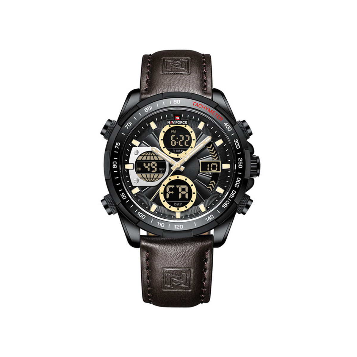 NAVIFORCE 9197 Digital & Analog Display Leather Casual Military Sport Wristwatch for Men’s- Chocolate
