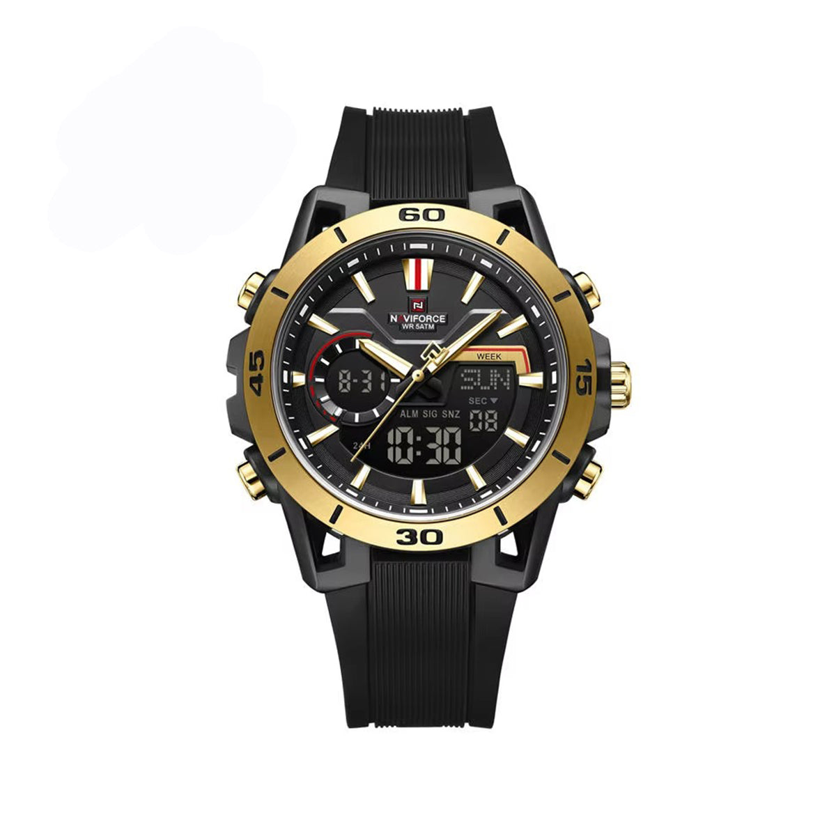 Naviforce 7135 Luxury Analog Quartz Wristwatch with Silicone Strap, Waterproof Casual & Business Style Men’s Watch- Black Gold