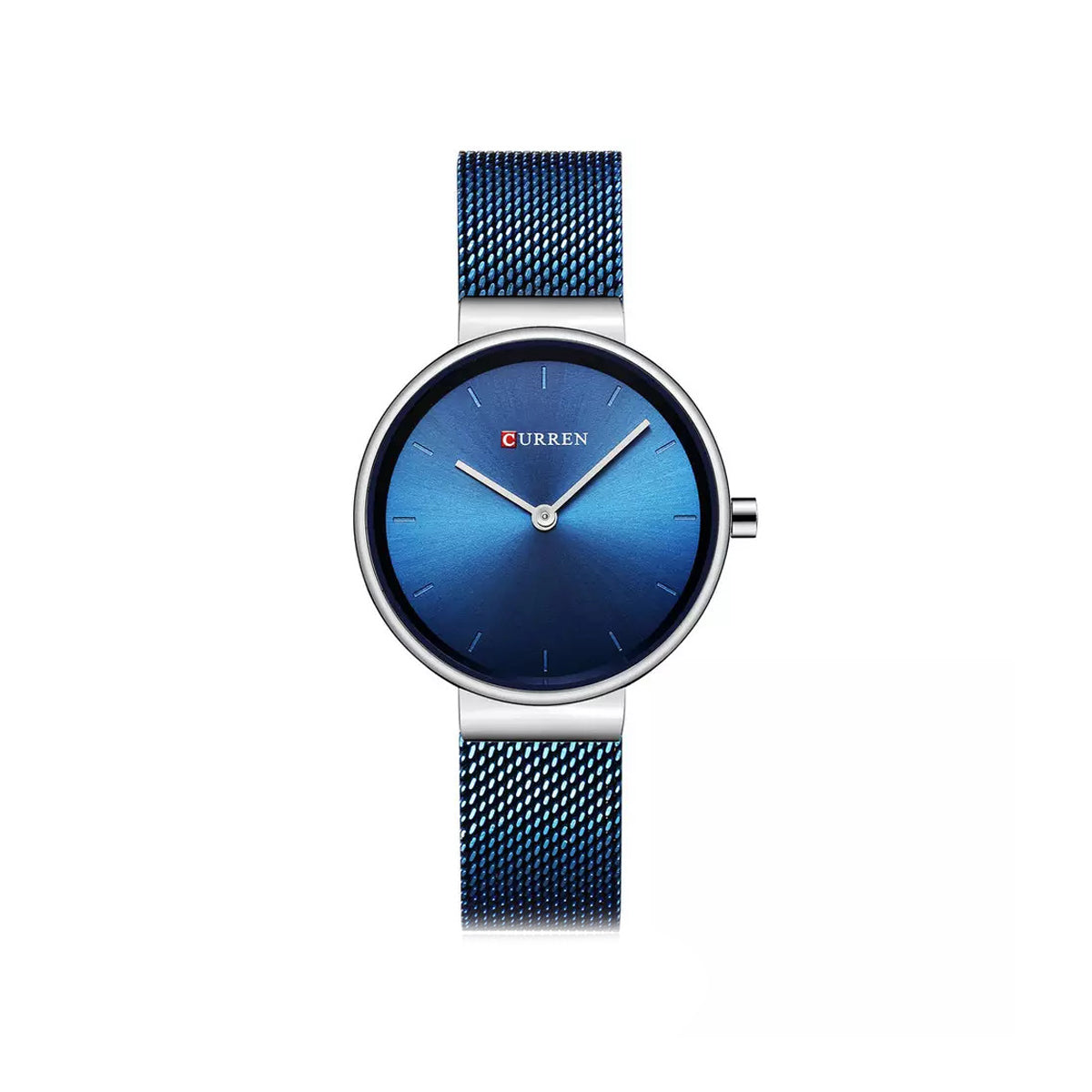 CURREN 9016 Royal Blue Mesh Stainless Steel Analog Watch For Women - Silver & Royal Blue