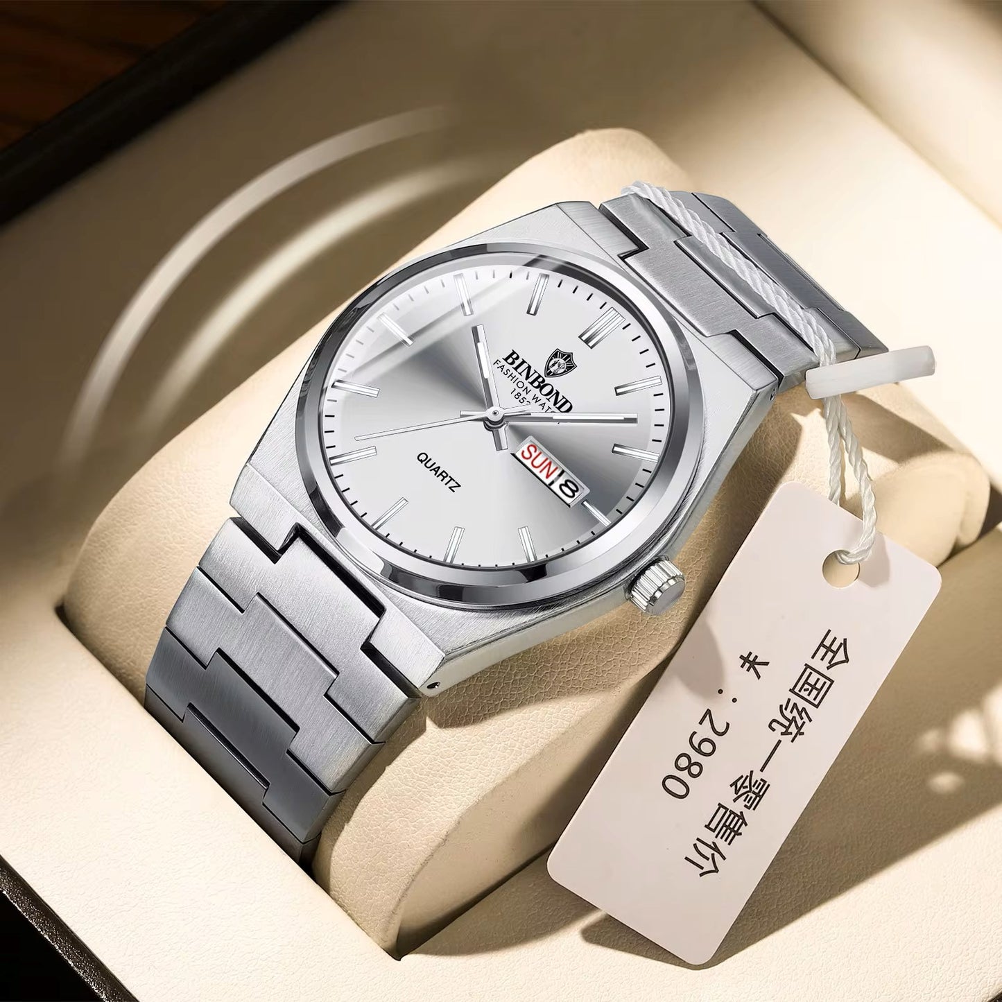 BINBOND 102 Stainless Steel Luxury Quartz Watch For Men- Silver