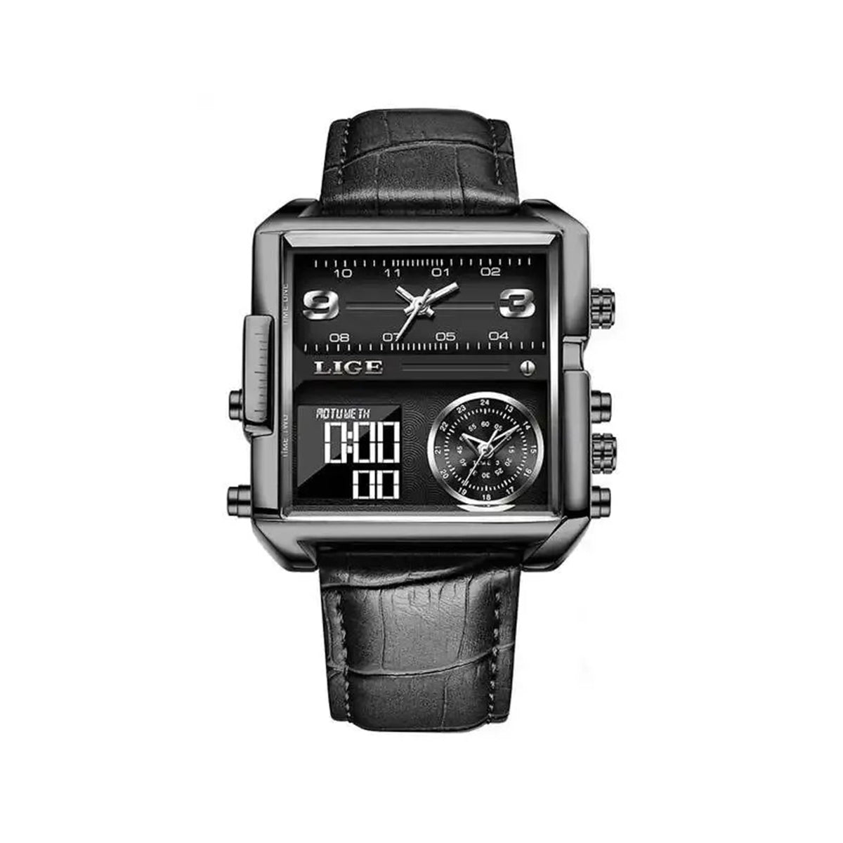 LIGE 8925 Luxury Square Digital Sports Quartz Wrist Watch for Men- Black