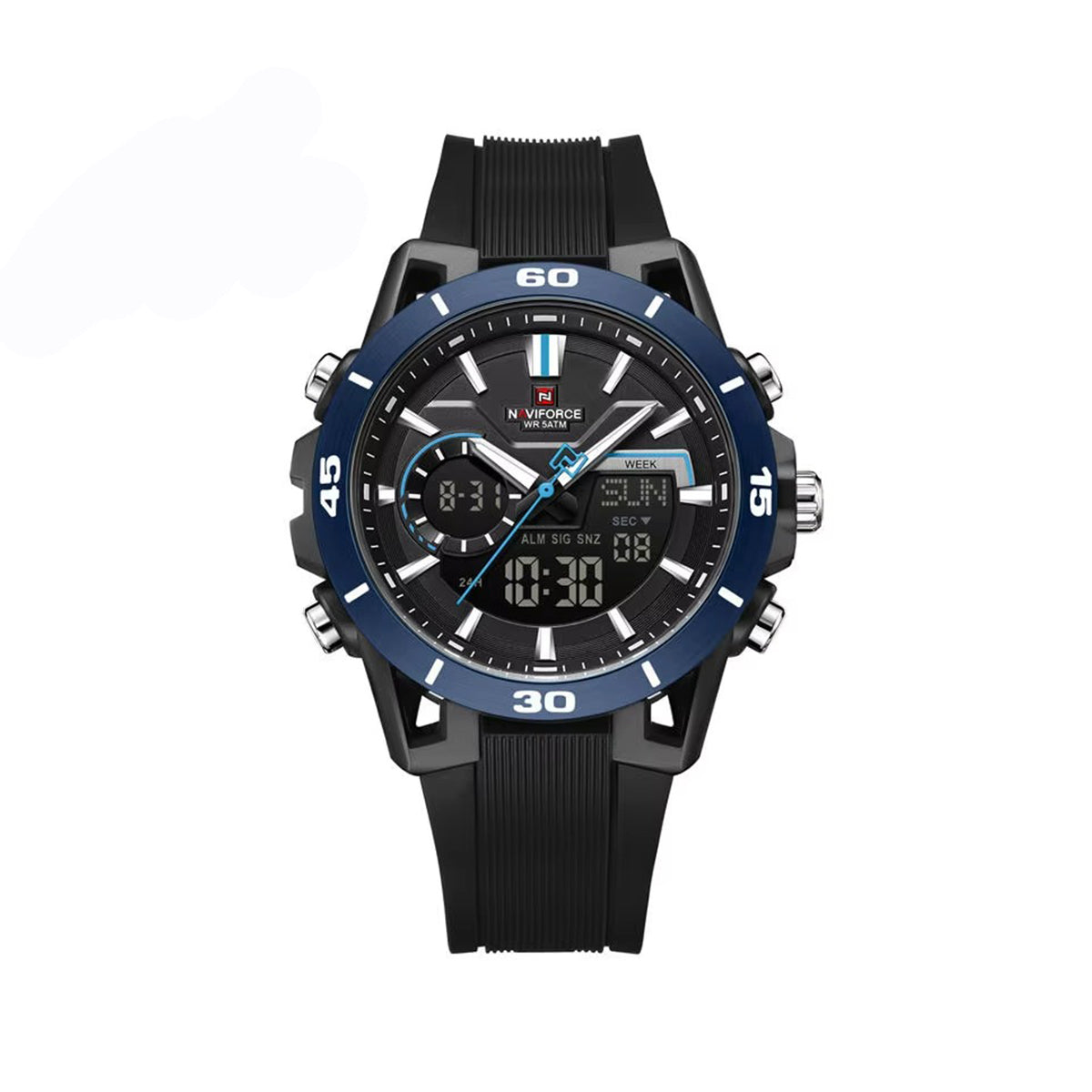 Naviforce 7135 Luxury Analog Quartz Wristwatch with Silicone Strap, Waterproof Casual & Business Style Men’s Watch- Black Blue