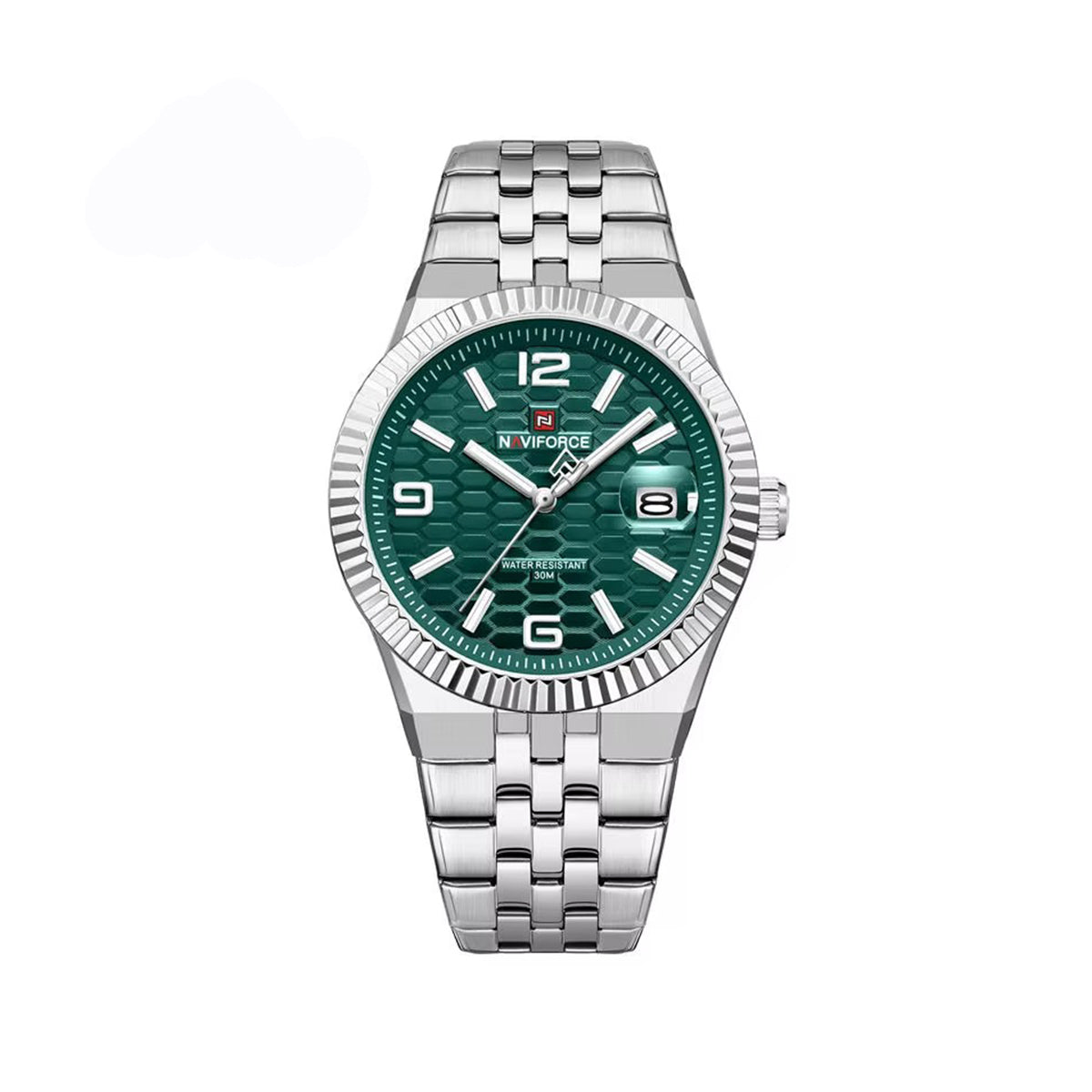 NAVIFORCE 9277 Stylish Analog Quartz Men’s Watch with Durable Stainless Steel Strap and Water Resistance- Silver & Green