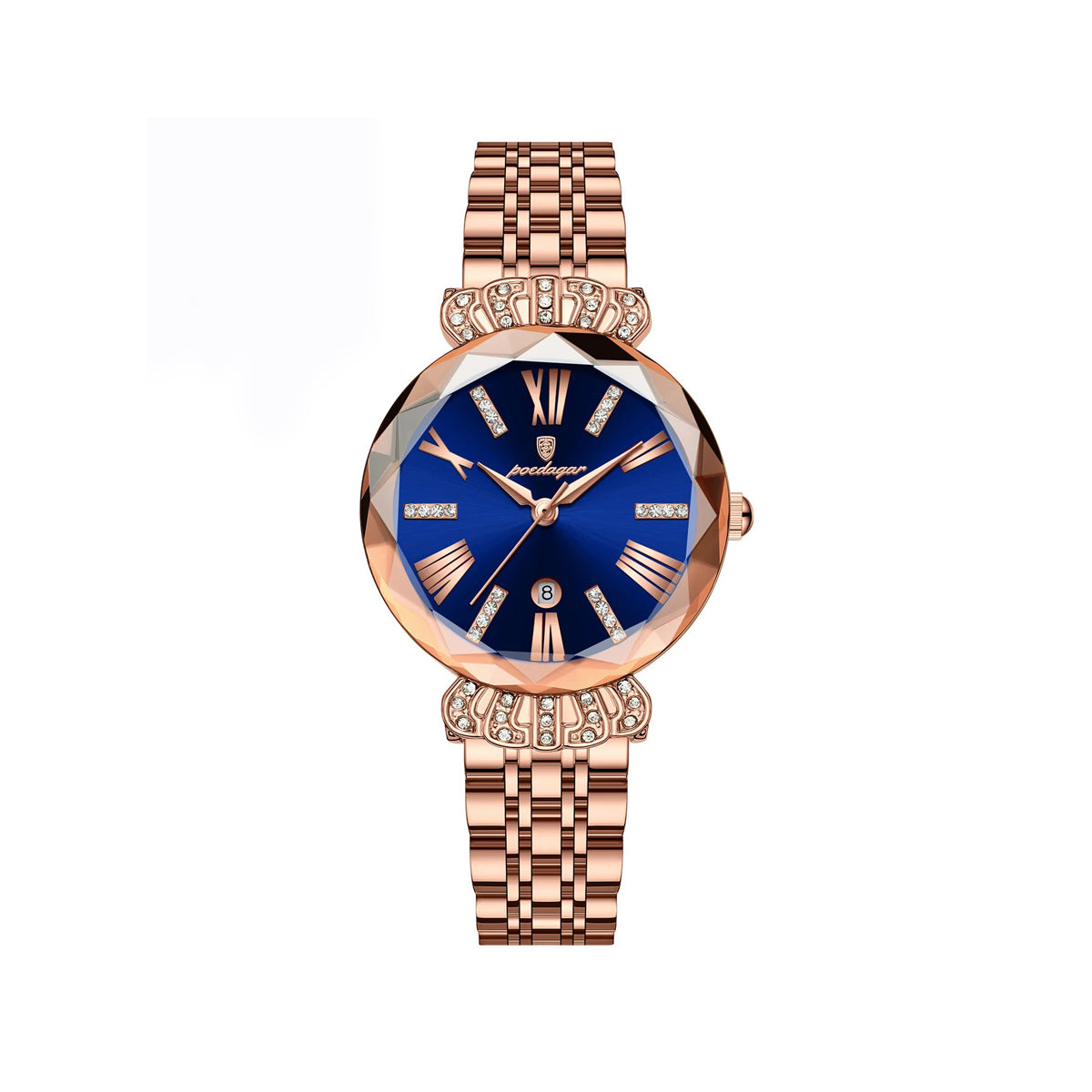 Poedagar 766 Luminous pointer stainless steel ladies Wristwatch- Rose Gold & Blue