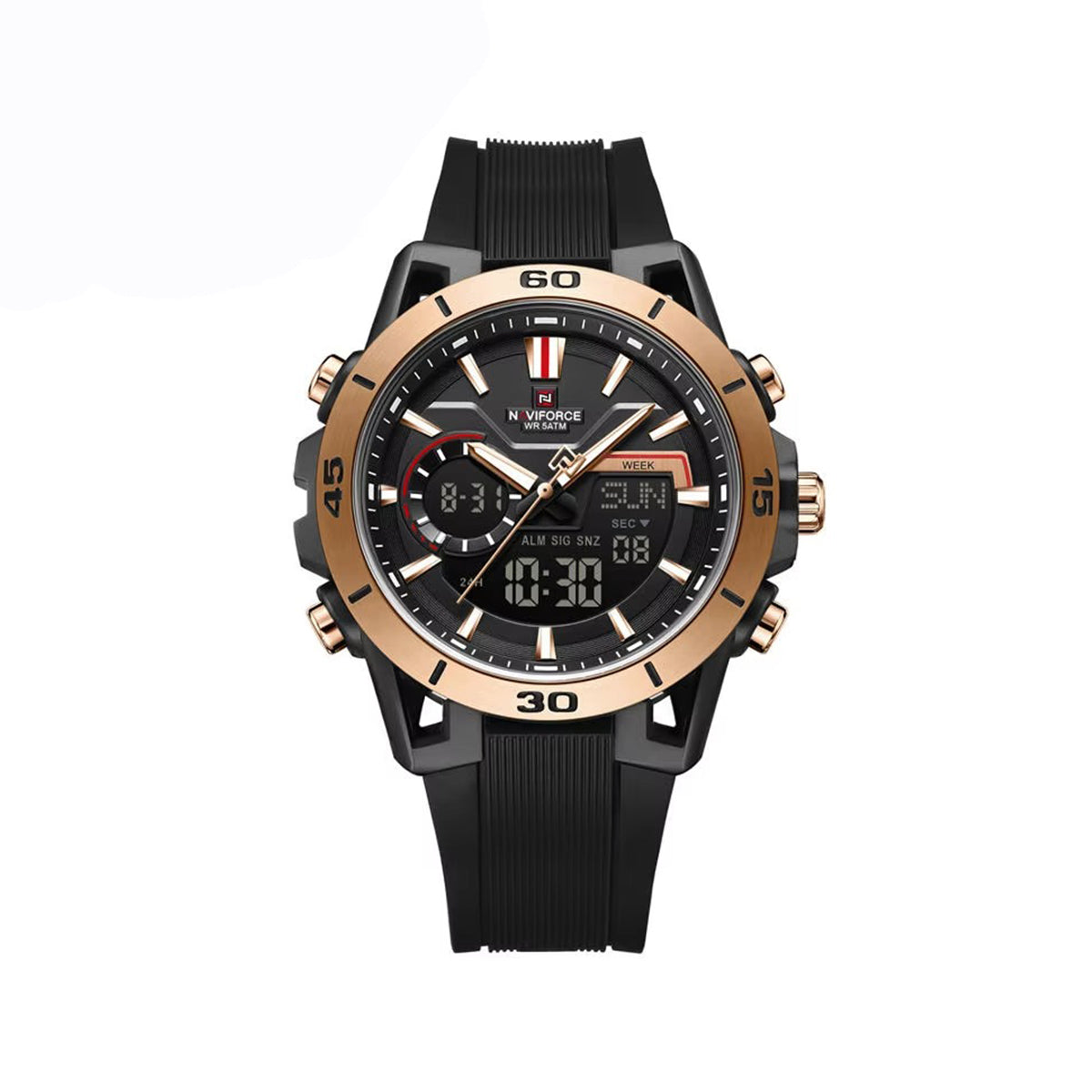 Naviforce 7135 Luxury Analog Quartz Wristwatch with Silicone Strap, Waterproof Casual & Business Style Men’s Watch- Black & Rose Gold