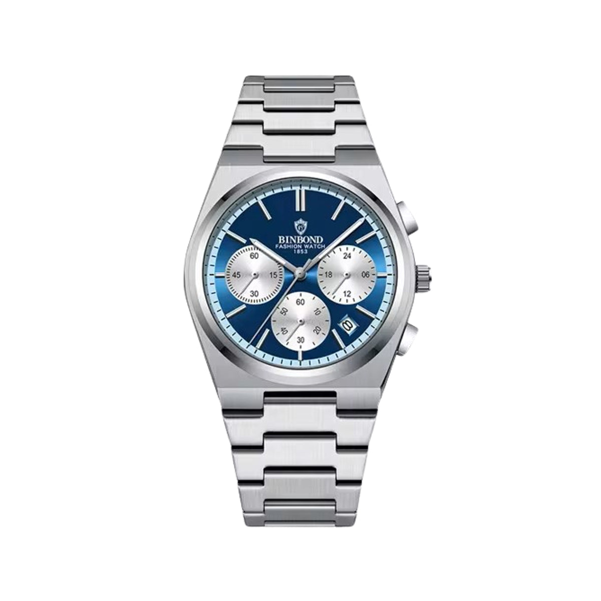 BINBOND 203 Stainless Steel Multifunctional Chronograph Business Wristwatch- Silver Blue