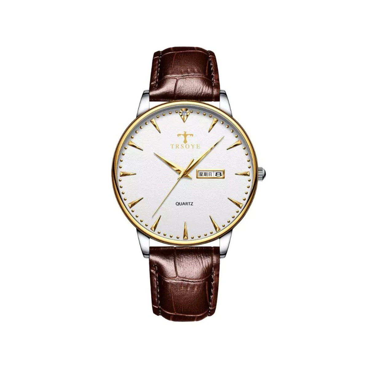 Trsoye 881 Luxury Leather Straps Watch for Men - Silver & Gold