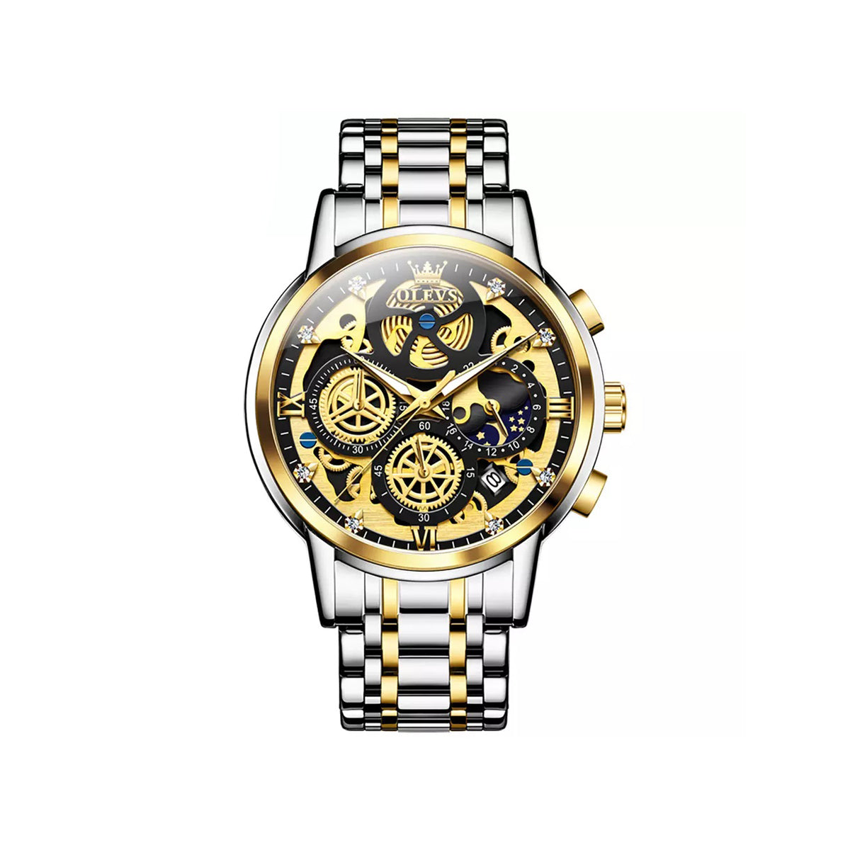 OLEVS 9947 Hollow-Carved Trendy Design Stainless Steel Chronograph Luminous Multifunctional Watch for Men’s- Silver Gold & Black
