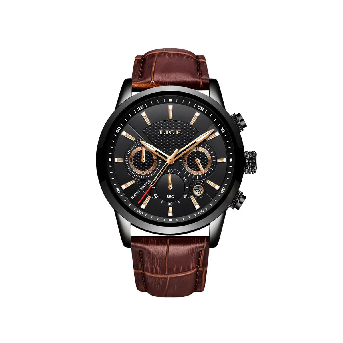 LIGE 9866 Stainless Steel Multi-function chronograph watch - Brown & Black