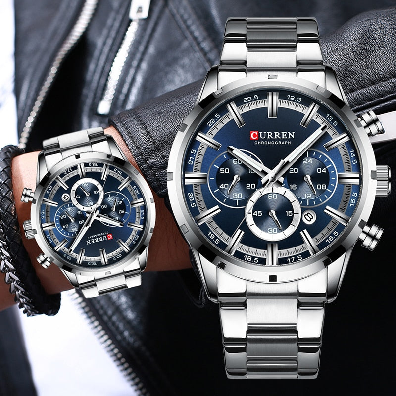 CURREN 8355 Multi-function Steel Strap Watch for Men - Silver & Blue