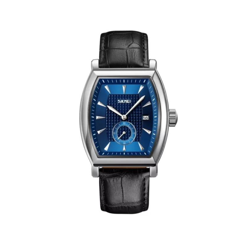 SKMEI 9306 Men’s Black Leather Strap Quartz Watch - Blue Dial