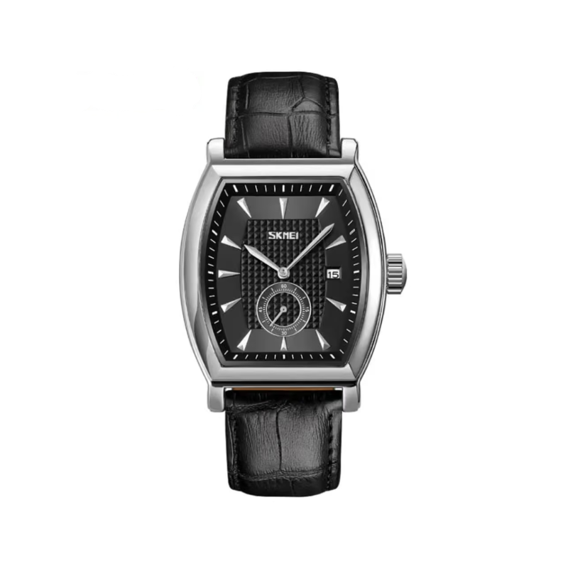 SKMEI 9306 Men’s Black Leather Strap Quartz Watch - Black Dial