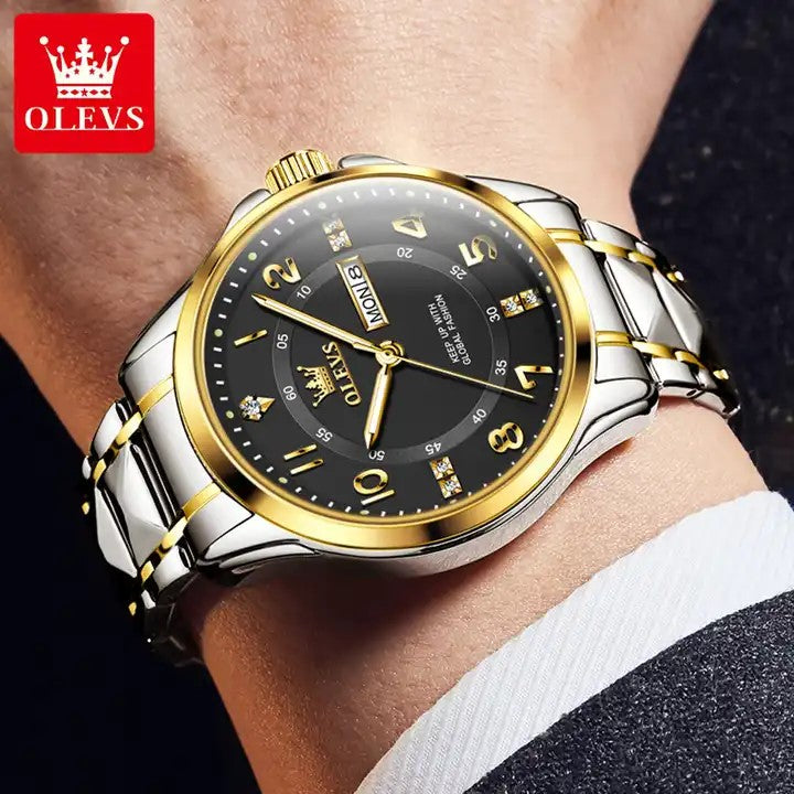 OLEVS 2910 Number Dial Stainless Steel Day Date Men's Watch-Black Gold